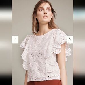 NWT Harlyn Anthro Women's Cluny Eyelet Ruffle Sleeve Blouse White Medium Whimsy